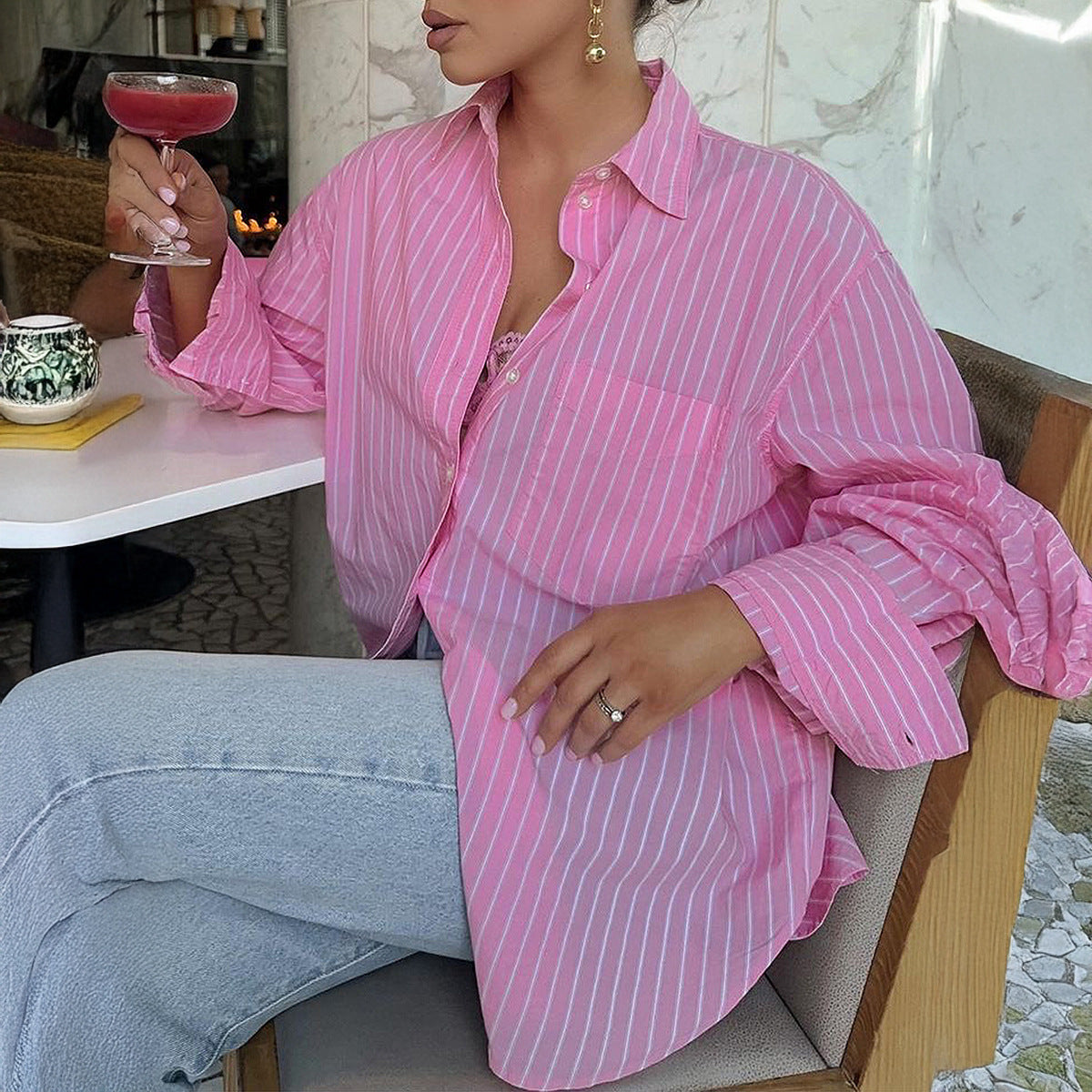 Losse Gestreepte Blouse met Lange Mouwen voor Dames