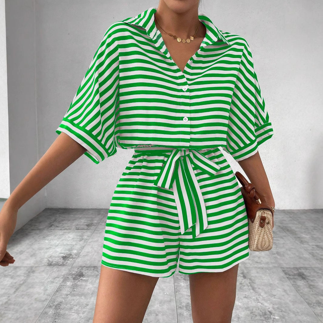 Gestreepte Korte Mouwen Jumpsuit met Riem