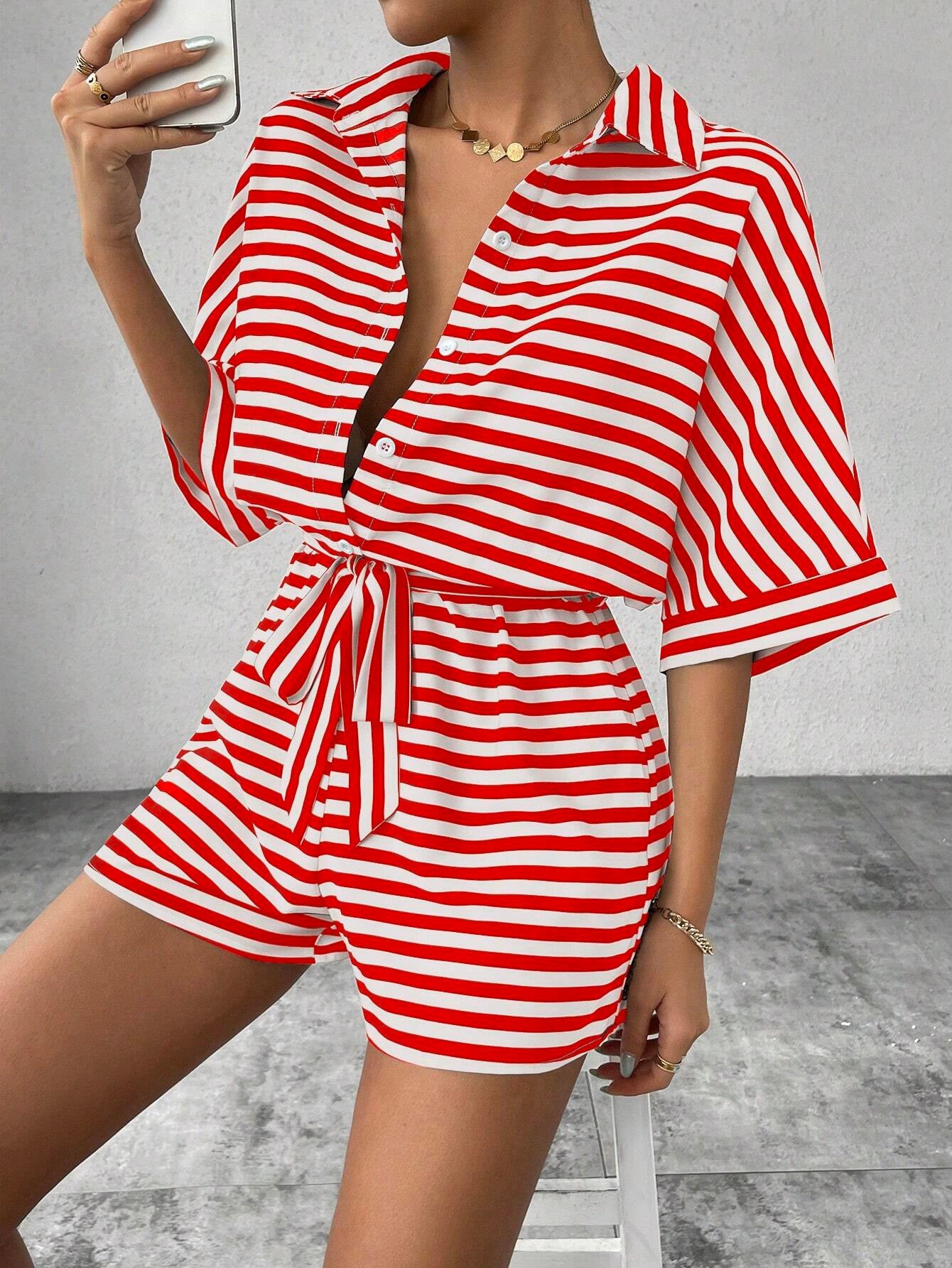 Gestreepte Korte Mouwen Jumpsuit met Riem