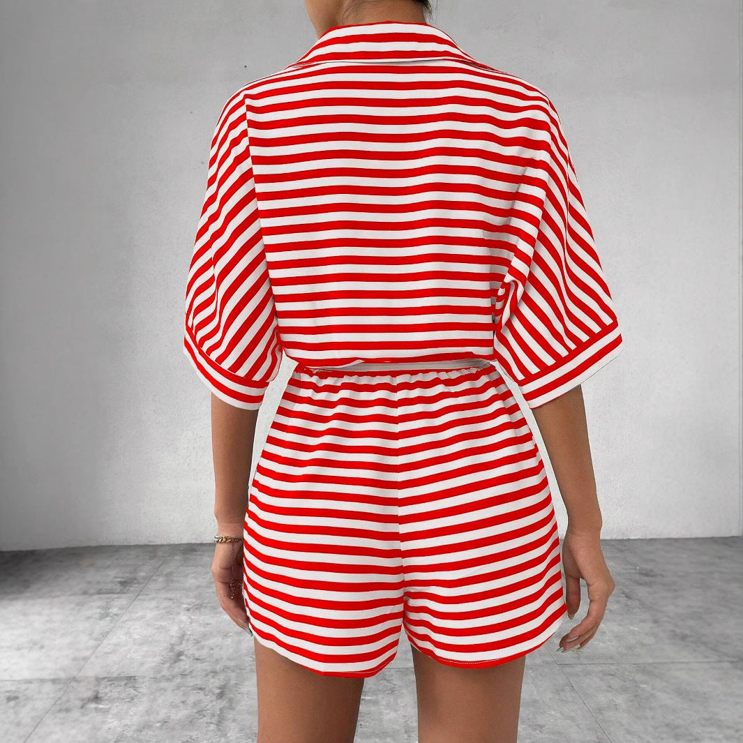 Gestreepte Korte Mouwen Jumpsuit met Riem