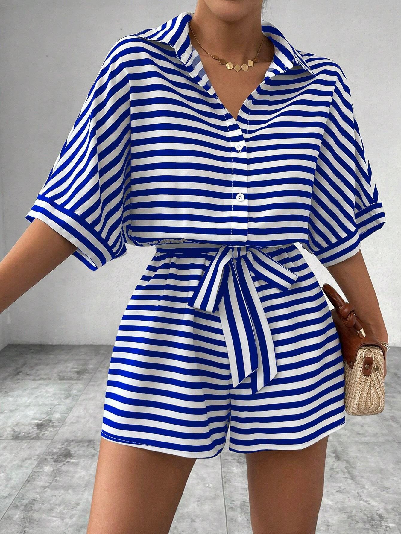 Gestreepte Korte Mouwen Jumpsuit met Riem