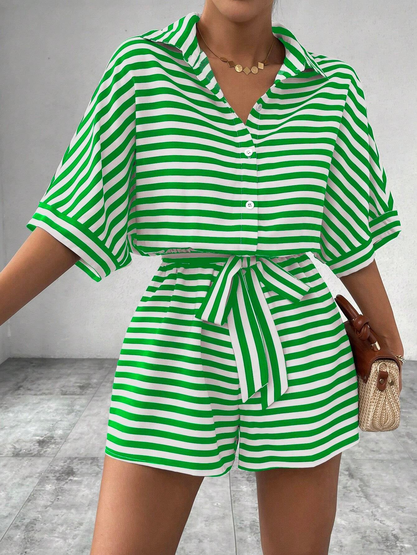 Gestreepte Korte Mouwen Jumpsuit met Riem