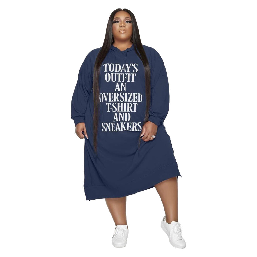 Trendy Plus Size Midi Jurk met Lange Mouwen en Capuchon