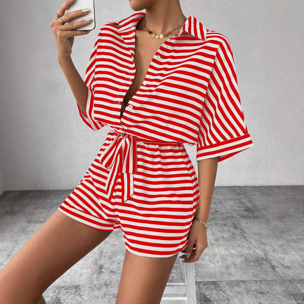 Gestreepte Korte Mouwen Jumpsuit met Riem