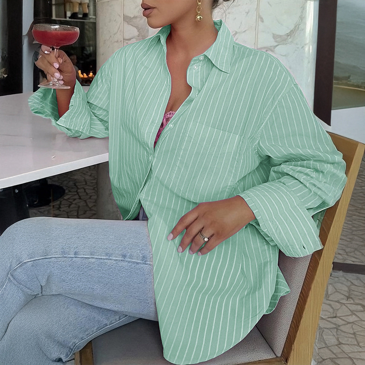 Losse Gestreepte Blouse met Lange Mouwen voor Dames