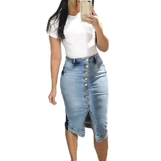 Denim Madi Rok met Knoopsluiting