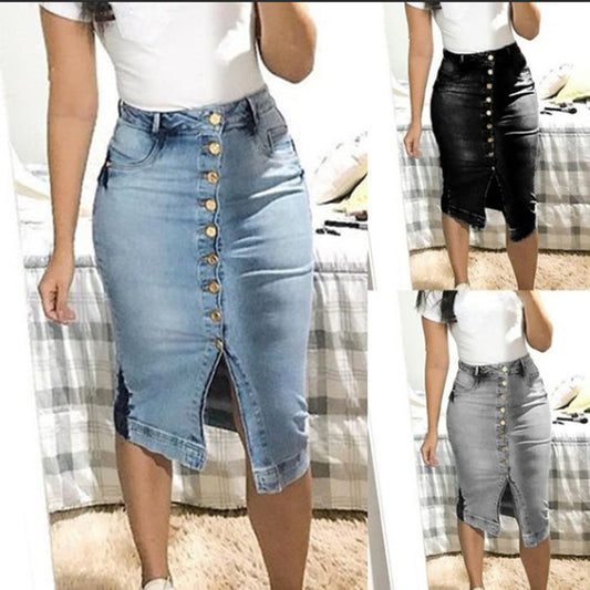 Denim Madi Rok met Knoopsluiting