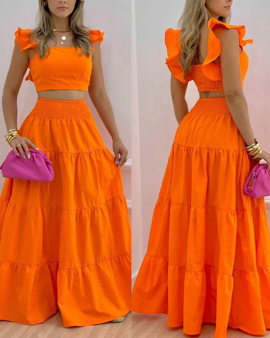 Elegante Tweedelige Set met Hoge Taille en Wijde Rok