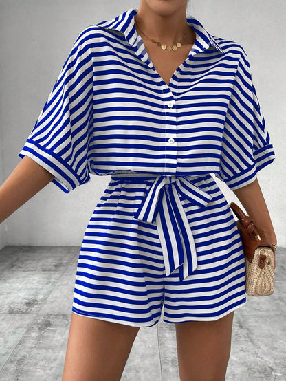Gestreepte Korte Mouwen Jumpsuit met Riem