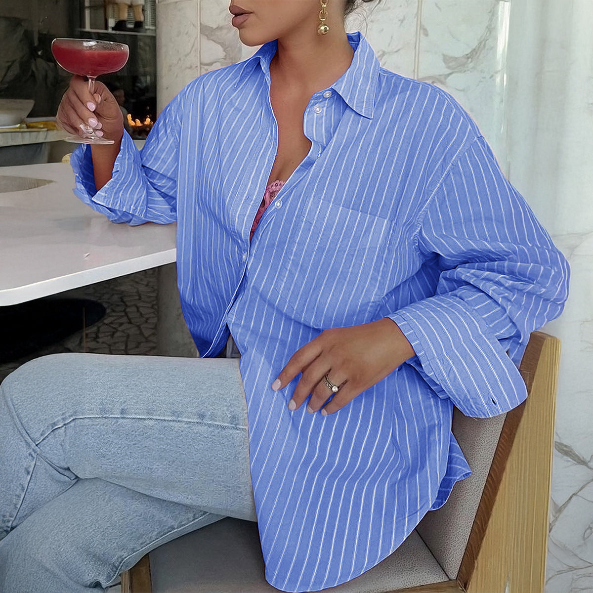 Losse Gestreepte Blouse met Lange Mouwen voor Dames
