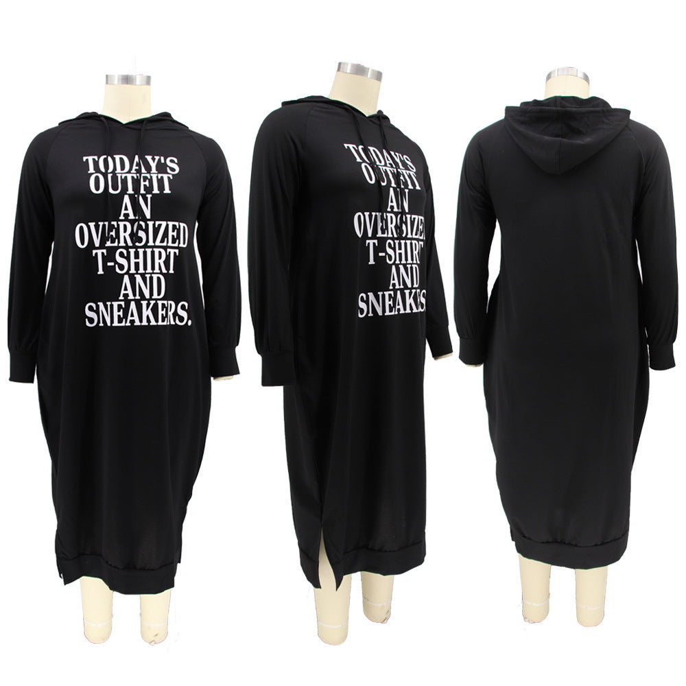 Trendy Plus Size Midi Jurk met Lange Mouwen en Capuchon