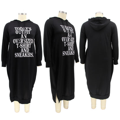 Trendy Plus Size Midi Jurk met Lange Mouwen en Capuchon