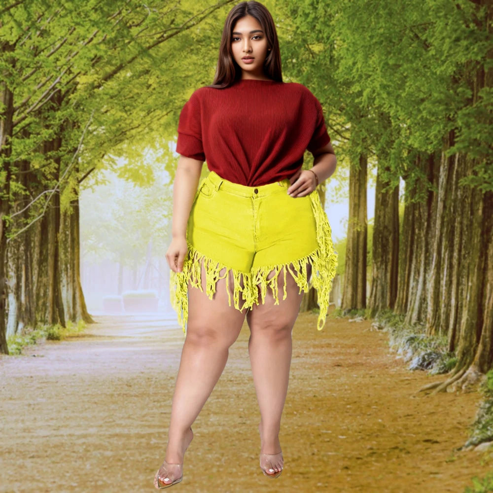Trendy Plus Size Dames Denim Shorts met Franje