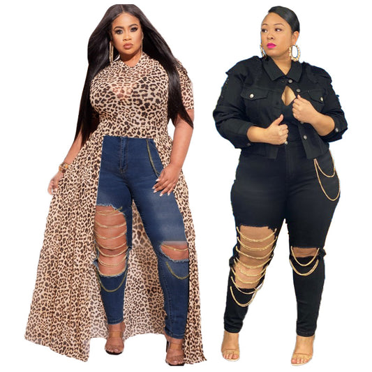 Trendy Cut-Up Plus Size Jeans met Gouden Ketting