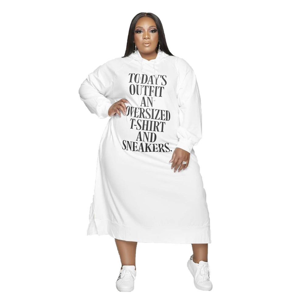 Trendy Plus Size Midi Jurk met Lange Mouwen en Capuchon