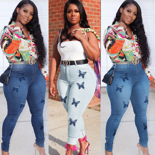 High Waist Butterfly Print Jeans