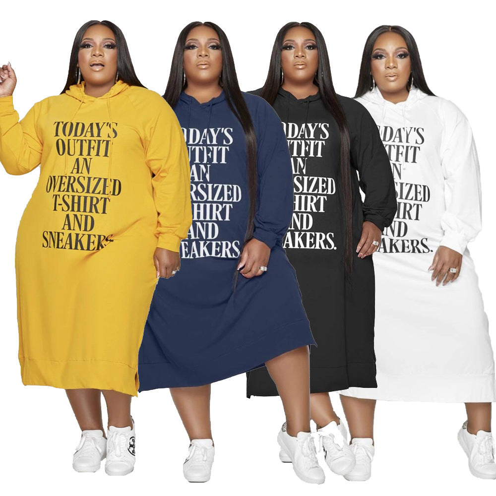 Trendy Plus Size Midi Jurk met Lange Mouwen en Capuchon