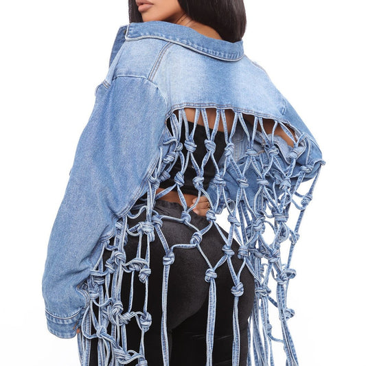 Blauw Denim Jasje met Mesh Details