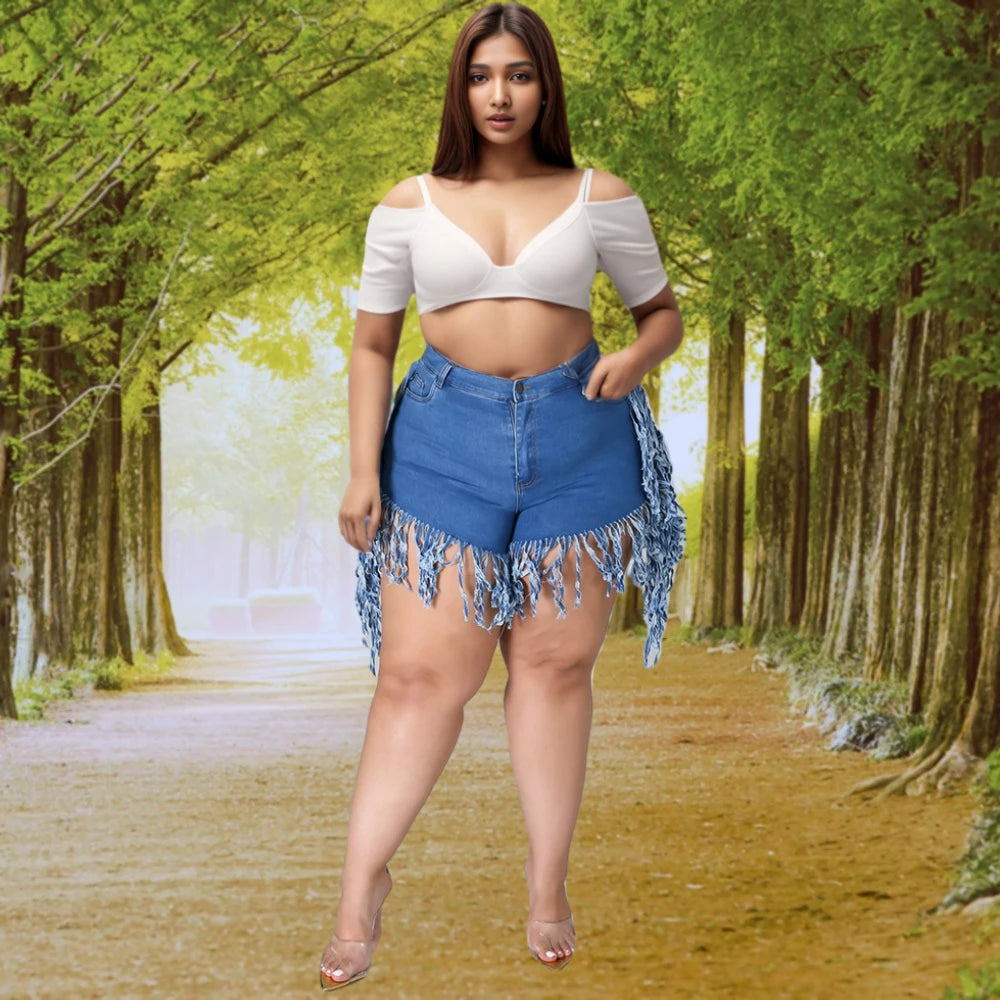 Trendy Plus Size Dames Denim Shorts met Franje