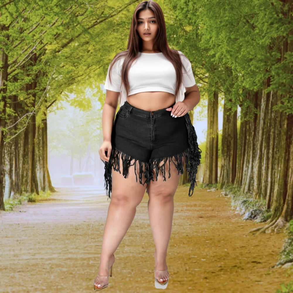Trendy Plus Size Dames Denim Shorts met Franje