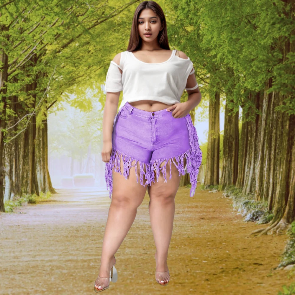 Trendy Plus Size Dames Denim Shorts met Franje