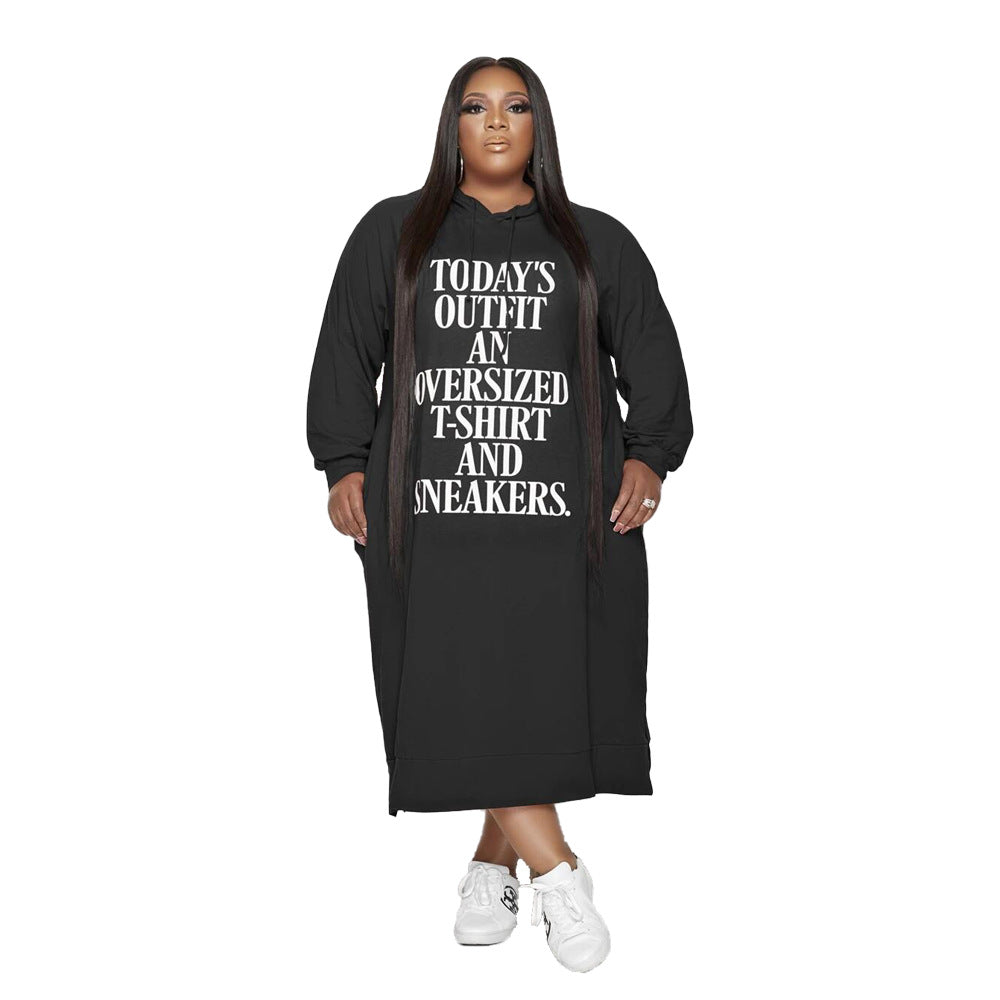 Trendy Plus Size Midi Jurk met Lange Mouwen en Capuchon