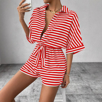 Gestreepte Korte Mouwen Jumpsuit met Riem