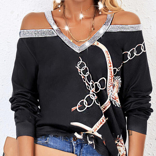 Dames Cold Shoulder Sweater met Kettingprint & Pailletten
