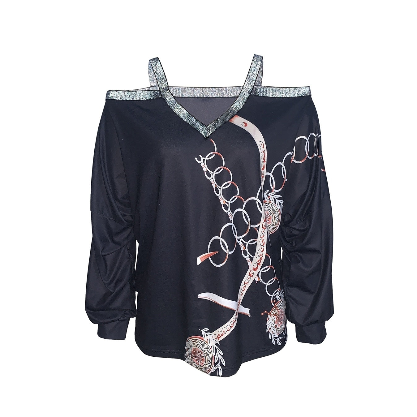 Dames Cold Shoulder Sweater met Kettingprint & Pailletten